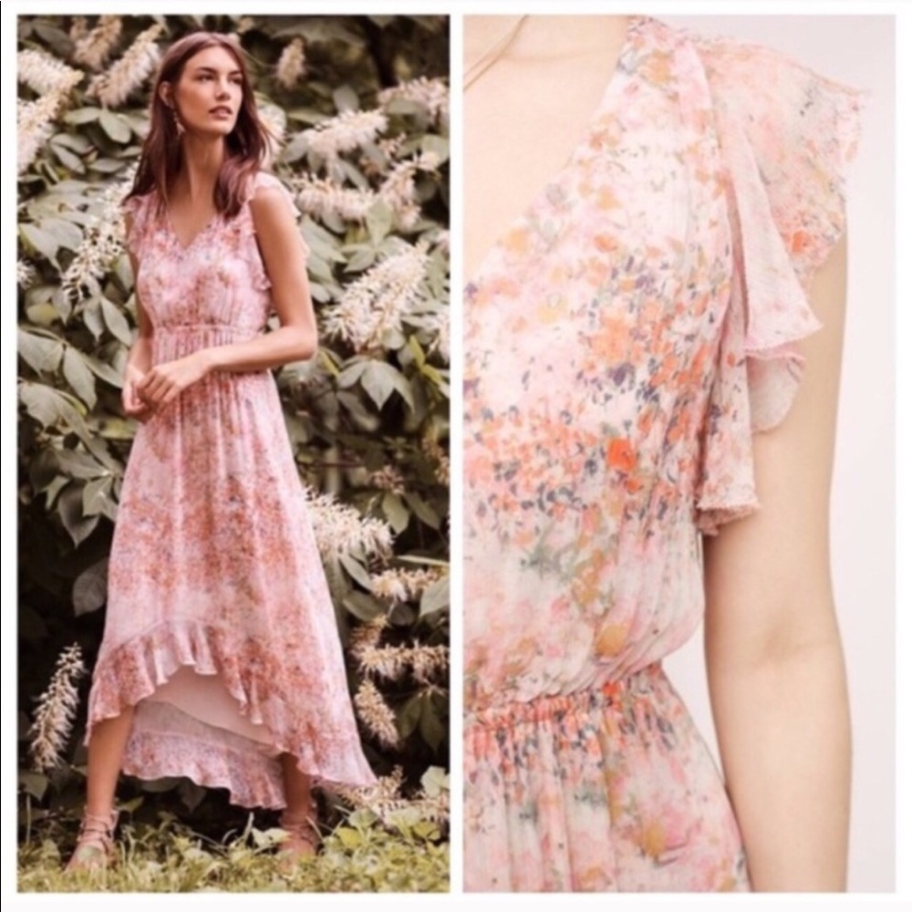 Anthropologie HD in Paris Sidra Pink Floral High-Low Maxi Dress